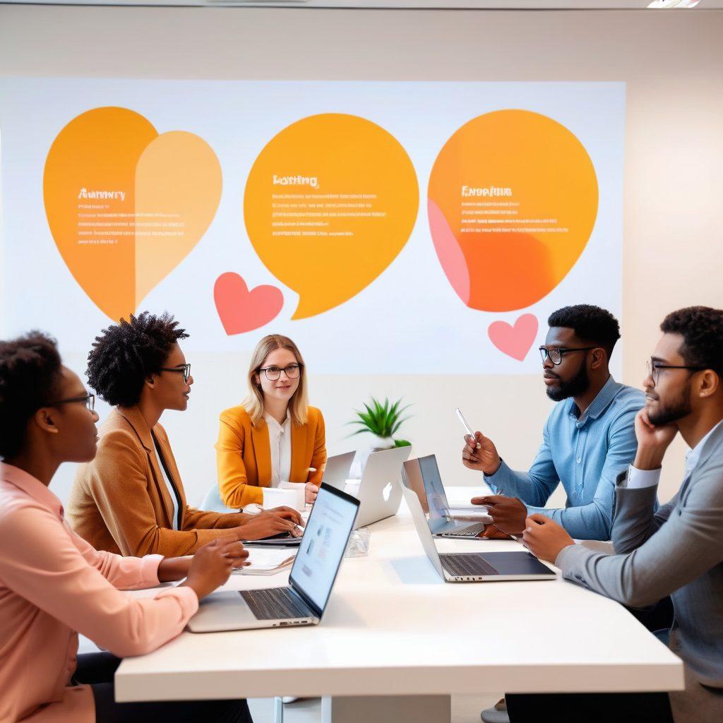 A vibrant scene depicting diverse researchers engaged in animated discussions at a conference, with heart symbols subtly interwoven in the background. Include elements like laptops and notebooks, showing collaboration and connection, while soft pastel colors evoke a warm, inviting atmosphere. The setting should be a modern academic venue with inspirational posters on the walls highlighting love for knowledge. super-realistic. warm colors. white background.