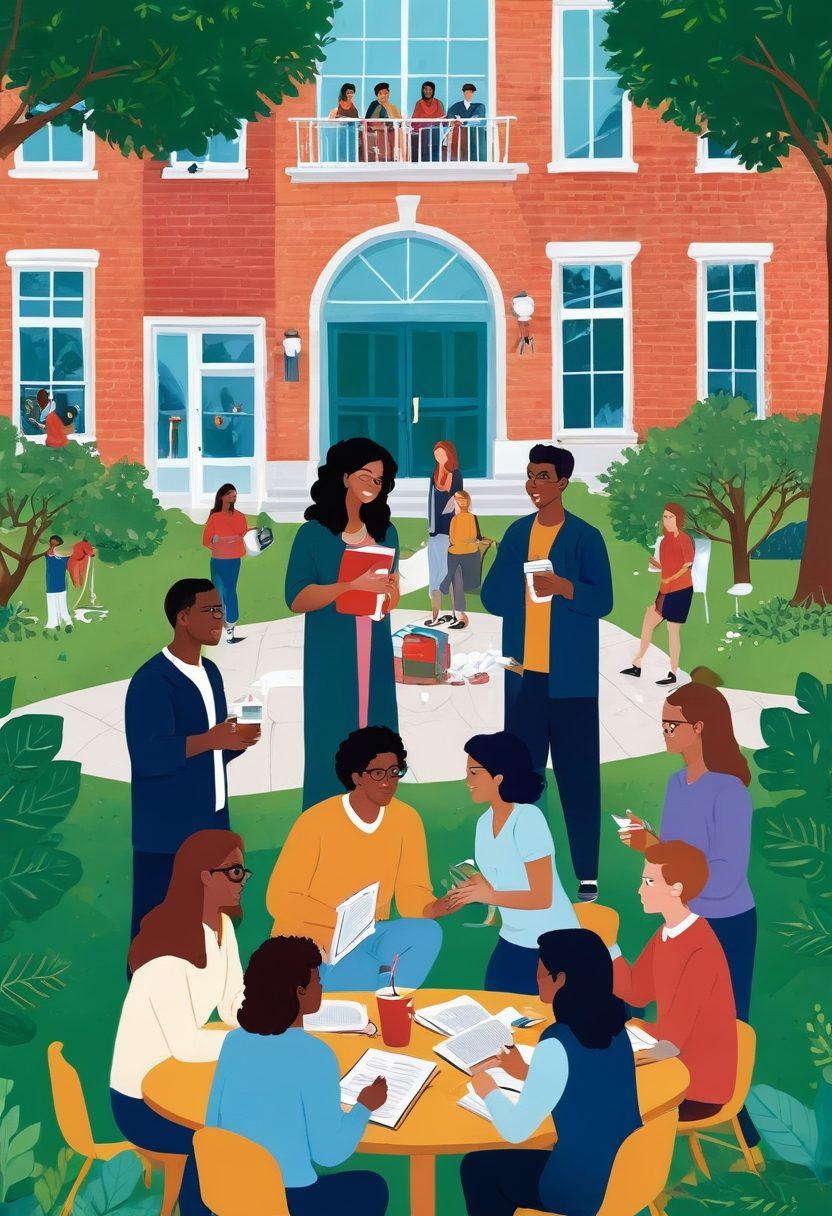 An illustrated scenario featuring a group of diverse graduate students engaged in lively discussions at a vibrant campus setting. Include elements like books, lab equipment, and coffee cups, symbolizing academic life and dating. Show subtle hints of romantic connections, like heart-shaped speech bubbles and playful interactions, to convey matchmaking themes. Bright and uplifting colors to enhance the atmosphere of camaraderie and connection. vector art. vibrant colors.
