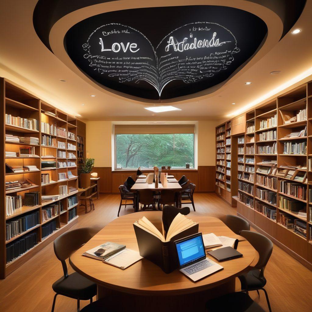 A cozy university library filled with diverse graduate students engaged in discussions, surrounded by stacks of books and laptops. In the foreground, a heart-shaped chalkboard showcases 'Love & Academia' written in playful fonts. Ethereal energy swirls around the students, symbolizing connections being made. Soft, warm lighting enhances the intimate atmosphere. super-realistic. vibrant colors. cozy ambiance.